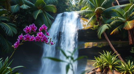 Beautiful waterfall in the tropical garden with orchids and palm treesの写真素材