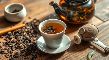 Cup of tea and teapot on wooden table, closeupの写真素材