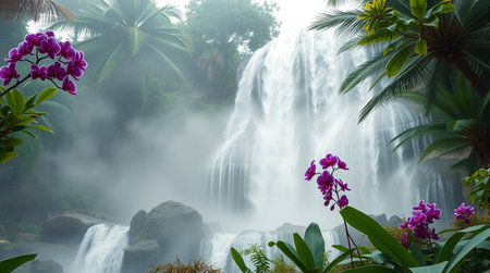 Beautiful waterfall in tropical rainforest with purple orchid flower.の写真素材