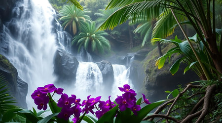 Tropical waterfall with purple orchids and palm trees.の写真素材
