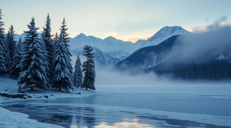 Beautiful winter landscape with snow covered mountains and frozen lake in the morningの写真素材
