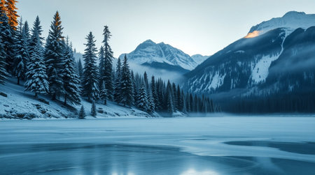 Beautiful winter landscape with frozen lake and snow-capped mountainsの写真素材