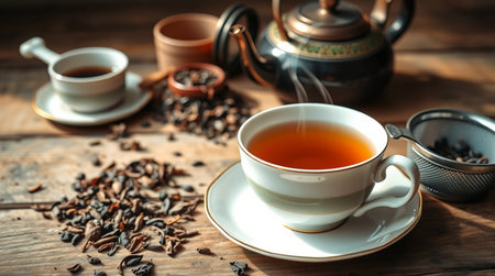 Cup of tea and teapot on wooden table, closeupの写真素材