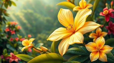 Beautiful blooming yellow lily flowers in the garden. Nature backgroundの写真素材