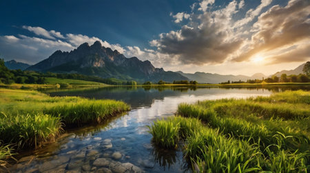 Panoramic view of mountain lake.