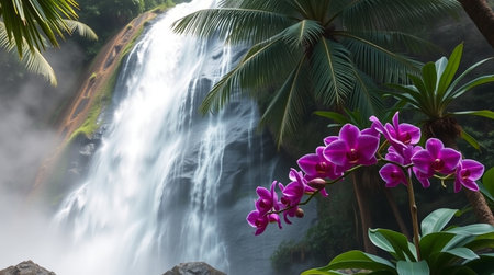 Tropical waterfall and pink orchid flower in the jungle.の写真素材
