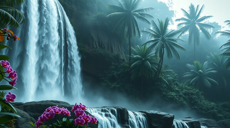 Tropical waterfall in jungle with orchids and flowers.の写真素材