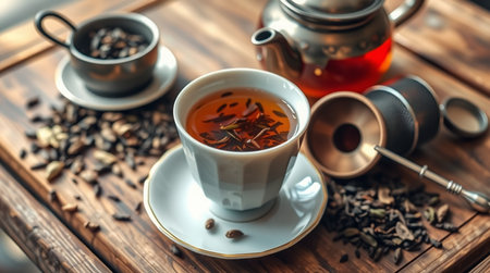 Cup of tea and teapot on wooden table, closeupの写真素材