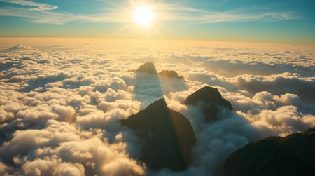 Aerial view of clouds and sun at sunrise. Beautiful landscape.の写真素材