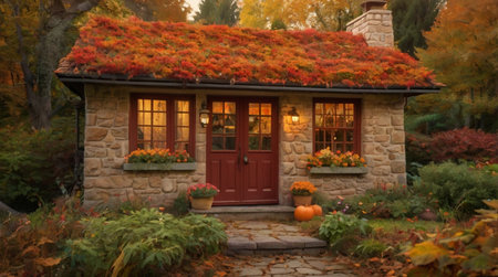 Autumn garden with a wooden house in the middle of the forestの写真素材