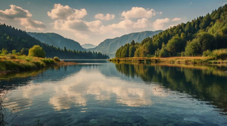 Panoramic view of a beautiful alpine lake in summer.の写真素材