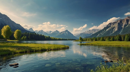 Beautiful alpine landscape with lake and mountains in the background.
