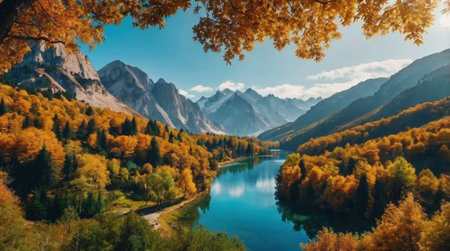 panoramic view of the lake and mountains in autumnの写真素材
