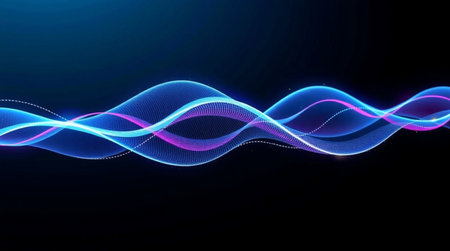 Abstract vector background with blue flowing lines. Wave of glowing particles. Vector illustration.