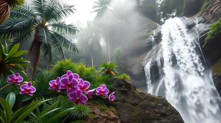 Tropical waterfall with pink orchid flowers in the jungle.の写真素材