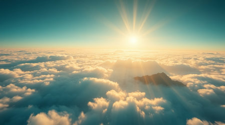 Beautiful aerial view above clouds with sunset. 3d rendering illustrationの写真素材