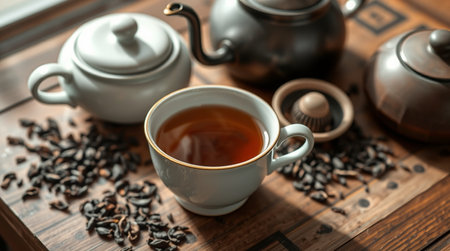 Cup of tea and teapot on wooden table, closeupの写真素材