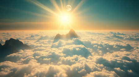 fly above clouds sunset landscape, 3d render illustration design elements.の写真素材