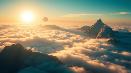 Sunrise above the clouds. Panoramic view of the mountains.の写真素材