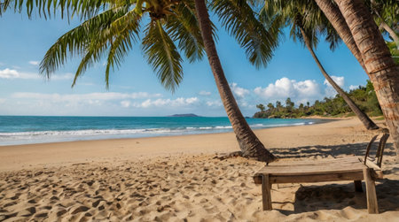 Tropical beach with palm trees and chair on a sunny dayの写真素材