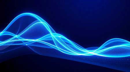 3d render, abstract blue background with lines and waves, wave designの写真素材