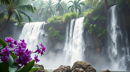 Beautiful waterfall in the tropical forest with purple orchids.の写真素材