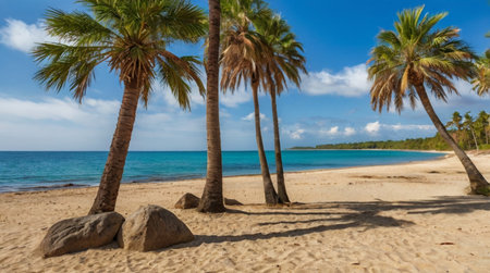 Palm trees on a tropical beach with white sand and turquoise water.の写真素材