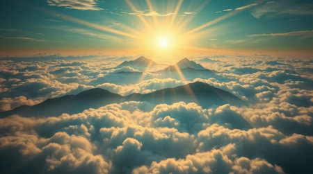 Beautiful sunrise above the clouds in the mountains. 3d rendering