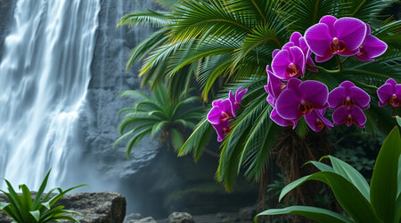 Beautiful purple orchid flowers in tropical garden with waterfall background.の写真素材