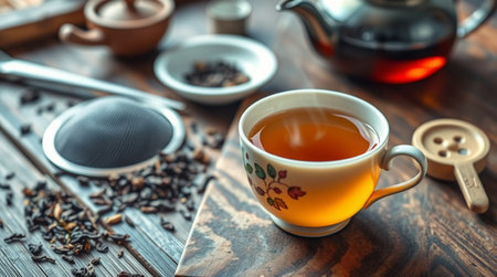 Cup of tea on a wooden table with teapot and cupsの写真素材