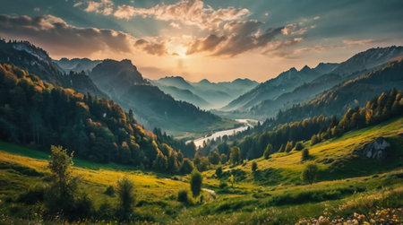 Sunset in the Dolomites, Italy. Landscape with lake and mountainsの写真素材