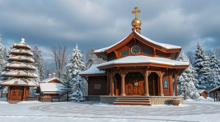 Wooden Church of St. Nicholas in the winter forest. Russiaの写真素材