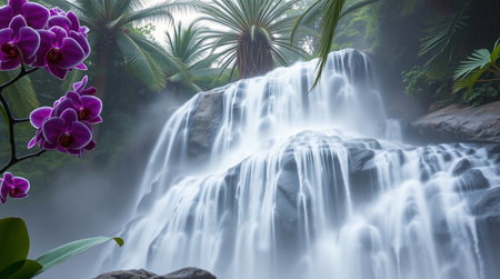 Beautiful waterfall in the tropical forest with orchids and stonesの写真素材