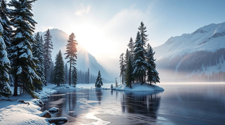 Fantastic winter landscape with frozen lake and snow covered fir treesの写真素材