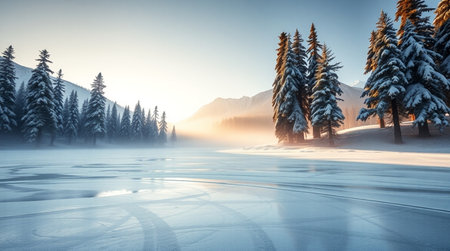 Foggy winter landscape with frozen lake and mountains in the backgroundの写真素材