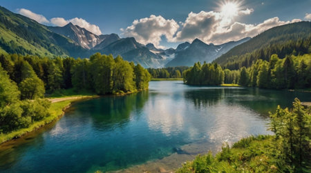 Panoramic view of the mountain lake in the Dolomites