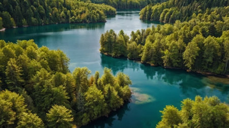 Aerial view of beautiful blue lake surrounded by green forest in summerの写真素材
