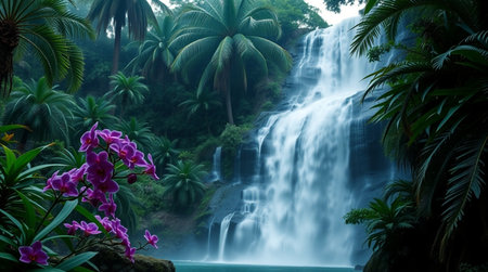 Tropical waterfall with purple orchids in the rainforest