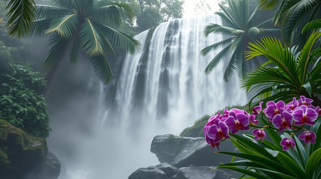 Beautiful waterfall in the jungle with orchids and palm treesの写真素材