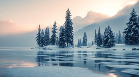 Fantastic winter landscape with frozen lake and snow covered fir treesの写真素材