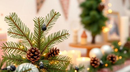 Christmas tree with pine cones and candles in room, closeup. Space for text