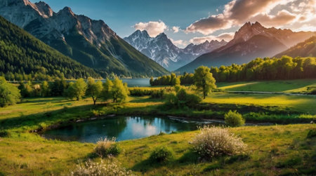 Panoramic view of the mountain lake in the mountains at sunsetの写真素材