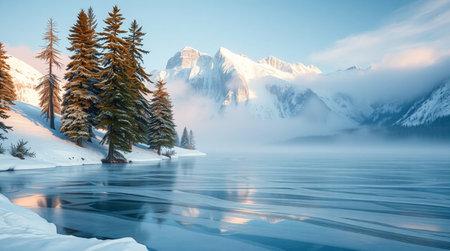 Fantastic winter landscape with snow-capped mountains and lakeの写真素材