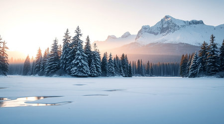 Beautiful winter landscape with frozen lake and snow-capped mountainsの写真素材