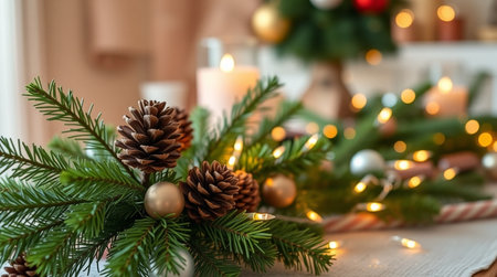 Christmas decoration with pine cones, fir branches and candles on blurred backgroundの写真素材