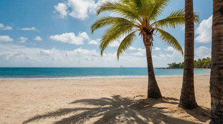 Coconut palm trees on tropical beach with turquoise waterの写真素材