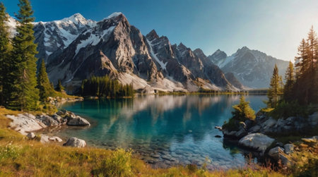 Panoramic view of beautiful mountain lake with reflection in the waterの写真素材