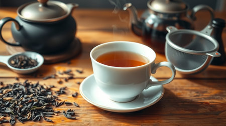 Cup of tea and teapot on wooden table, closeupの写真素材