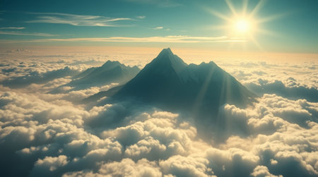Aerial view of clouds and mountains at sunset. 3d renderingの写真素材