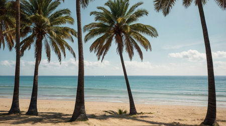 Coconut palm trees on the beach with sea in background.の写真素材